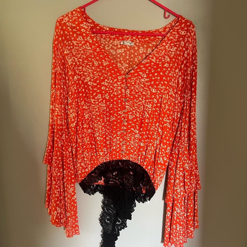 Free People Red Floral Blouse